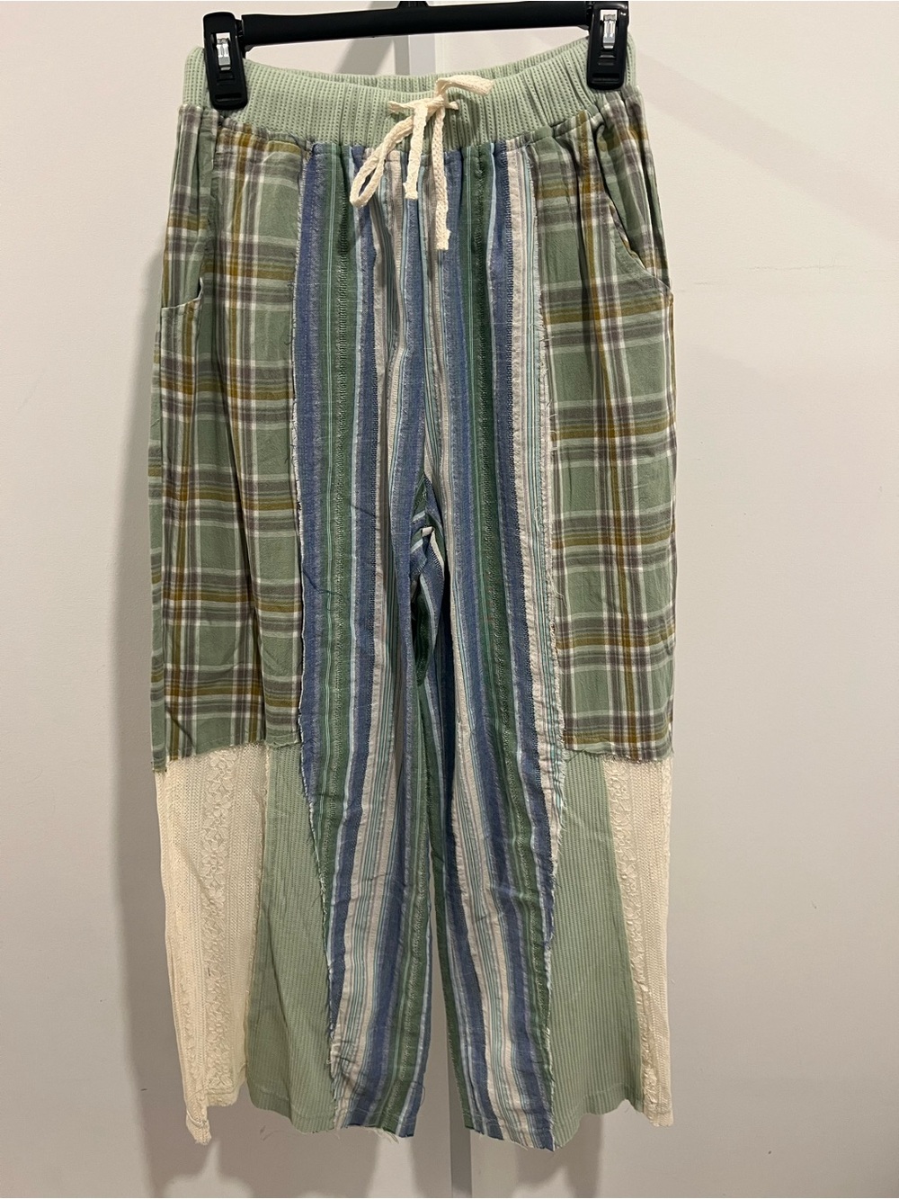 POL Mixed Plaid & Stripe Wide-Leg Drawstring Pants - Grn & Blu size S waist 20’